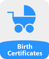 Image of a baby's carriage and the words 'Birth Certificates'